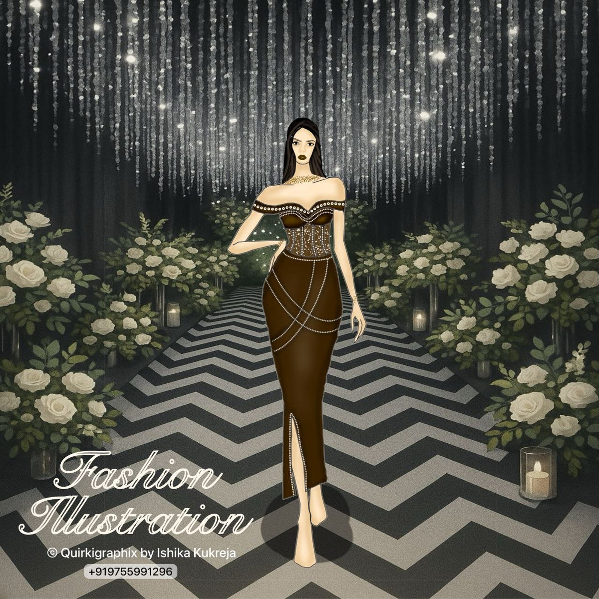 Luxury Fashion Illustration custom digital artwork created in Procreate with detailed fashion styling, textures, embellishments, and editorial background.