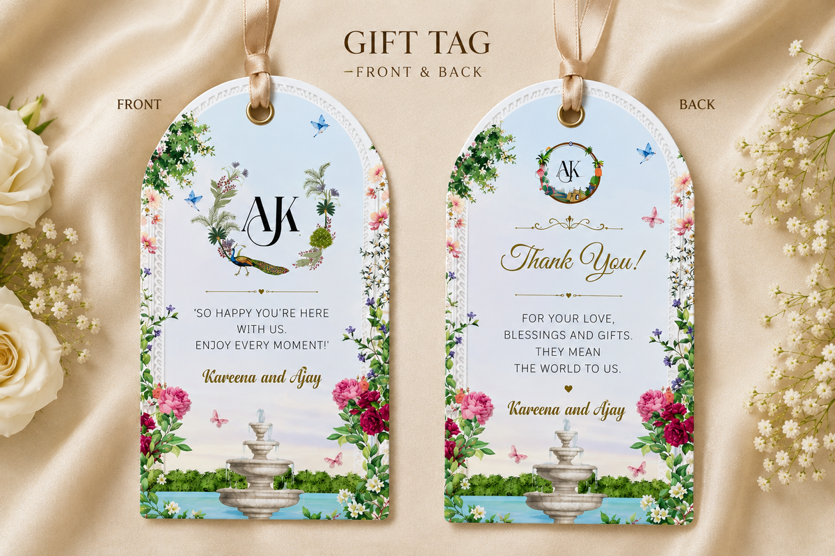 Personalized wedding gift tags with floral design, custom wedding monogram, thank-you message, and double-sided luxury wedding favor tag design.
