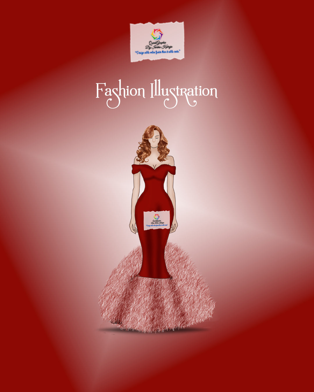Crimson Couture Feather Gown Fashion Illustration