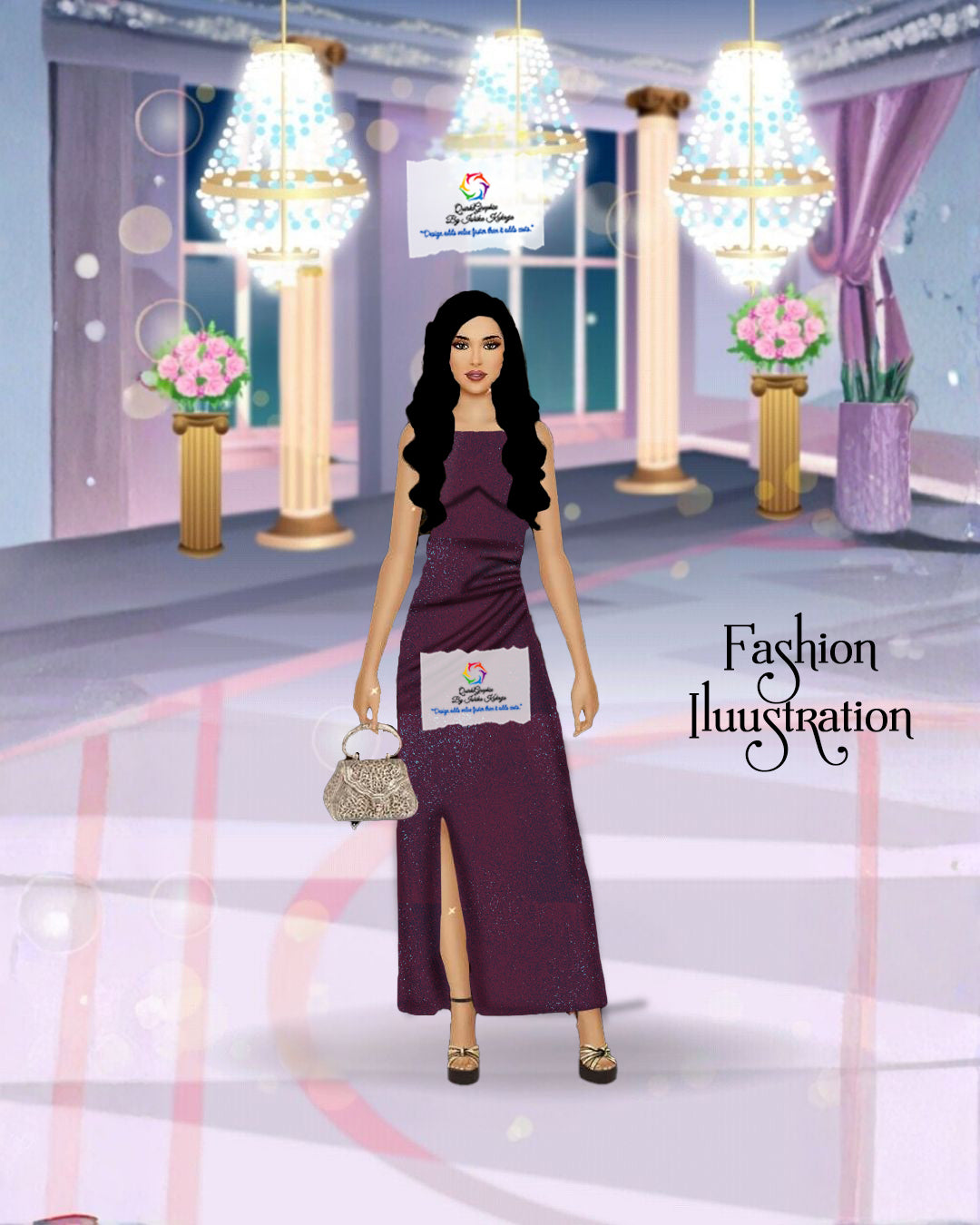 Elegant Wine Evening Gown Fashion Illustration