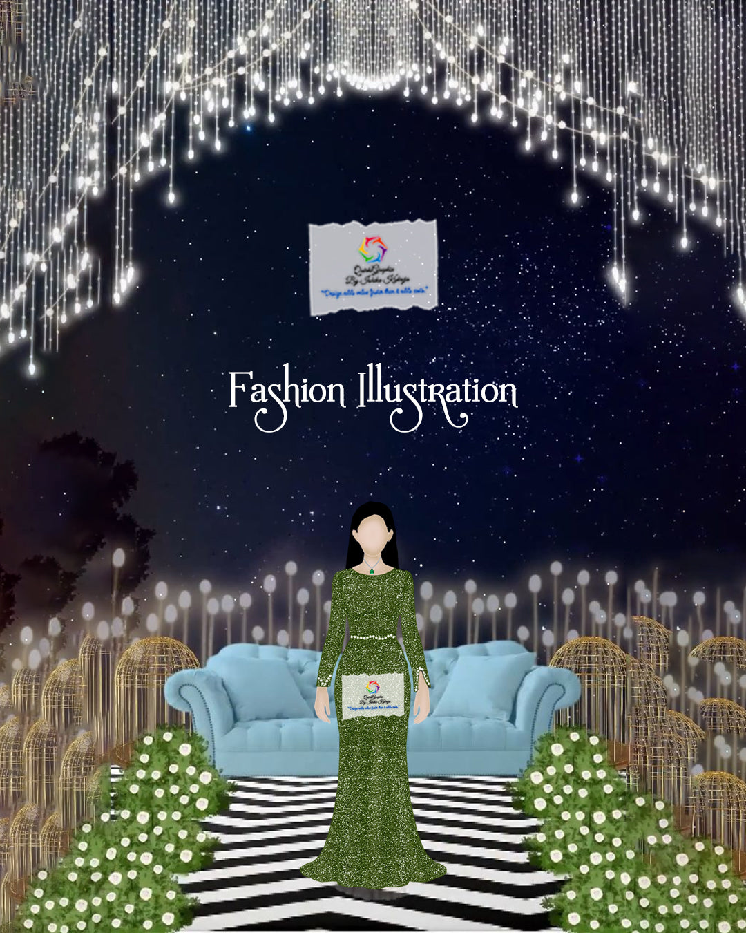 Emerald Evening Gown Fashion Illustration