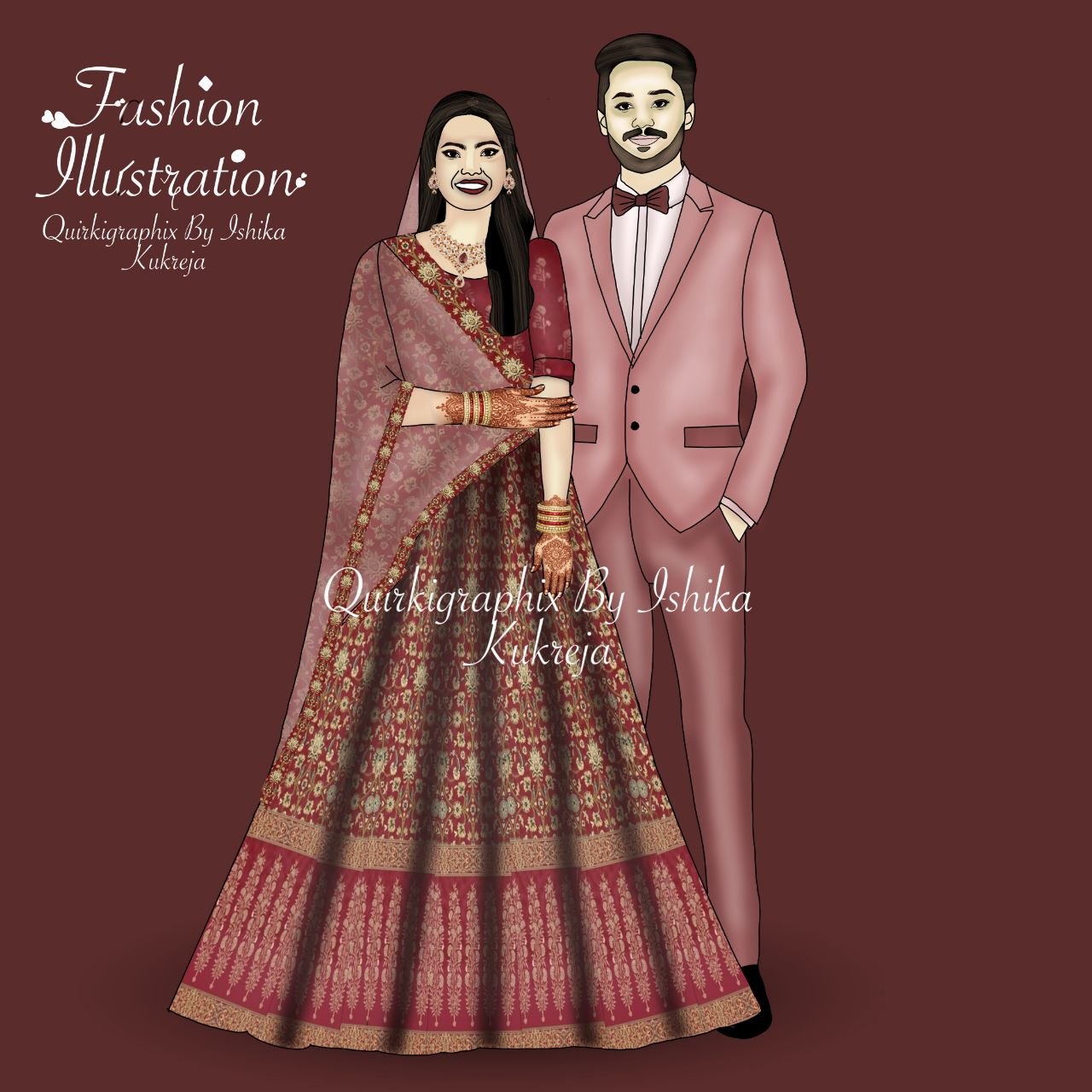 Custom Indian Wedding Couple Fashion Illustration | Digital Bridal Portrait