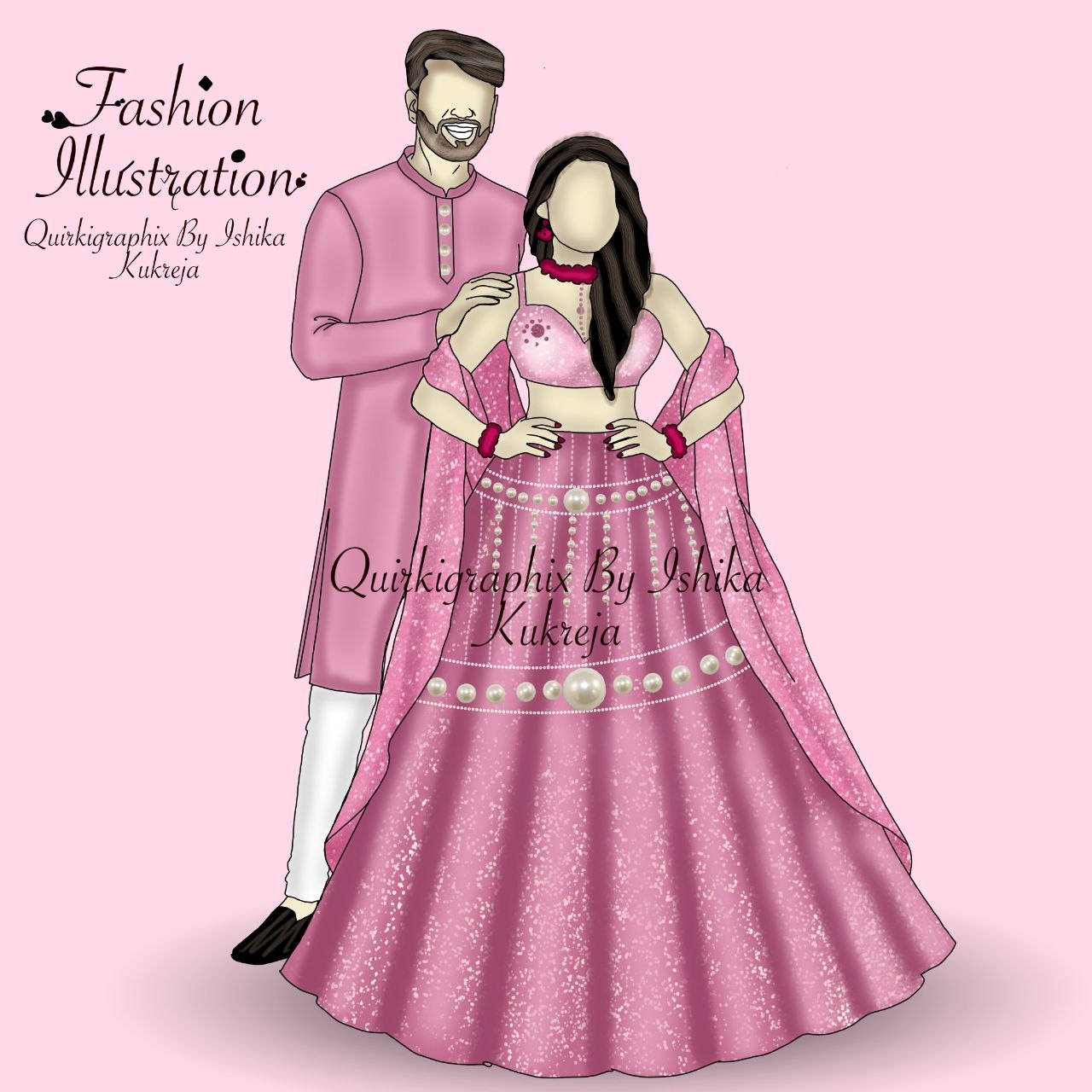 Custom Pink Wedding Couple Fashion Illustration