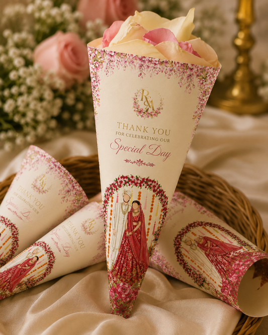 Luxury personalized wedding flower cone with custom couple illustration, floral design, and elegant wedding details.