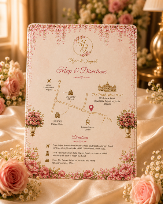 Luxury wedding map and directions card with a personalized venue location guide, floral design, wedding monogram, and custom travel directions.