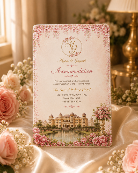 Luxury wedding accommodation card featuring personalized hotel details, floral design, wedding monogram, and guest stay information for destination weddings.