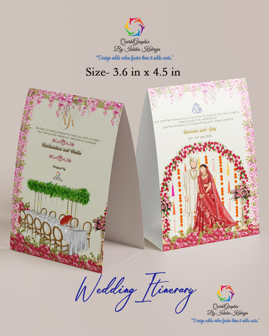 Personalized wedding itinerary table tent front design featuring a custom wedding schedule, floral artwork, couple names, and wedding timeline.