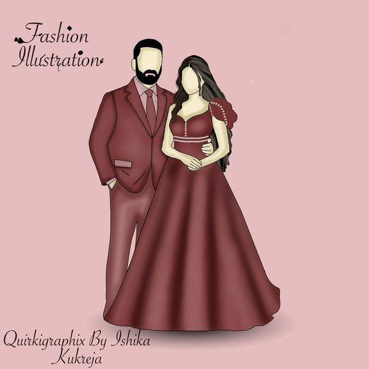 Custom couple fashion illustration featuring a bride and groom in coordinated wedding outfits, hand-drawn in Procreate.