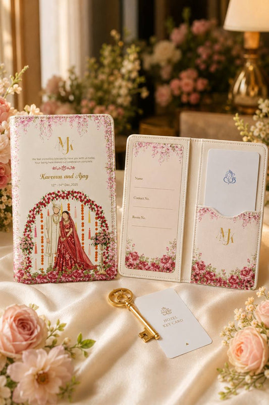 Luxury wedding hotel key card holder featuring personalized couple names, floral design, wedding monogram, and matching key card sleeve for destination weddings.