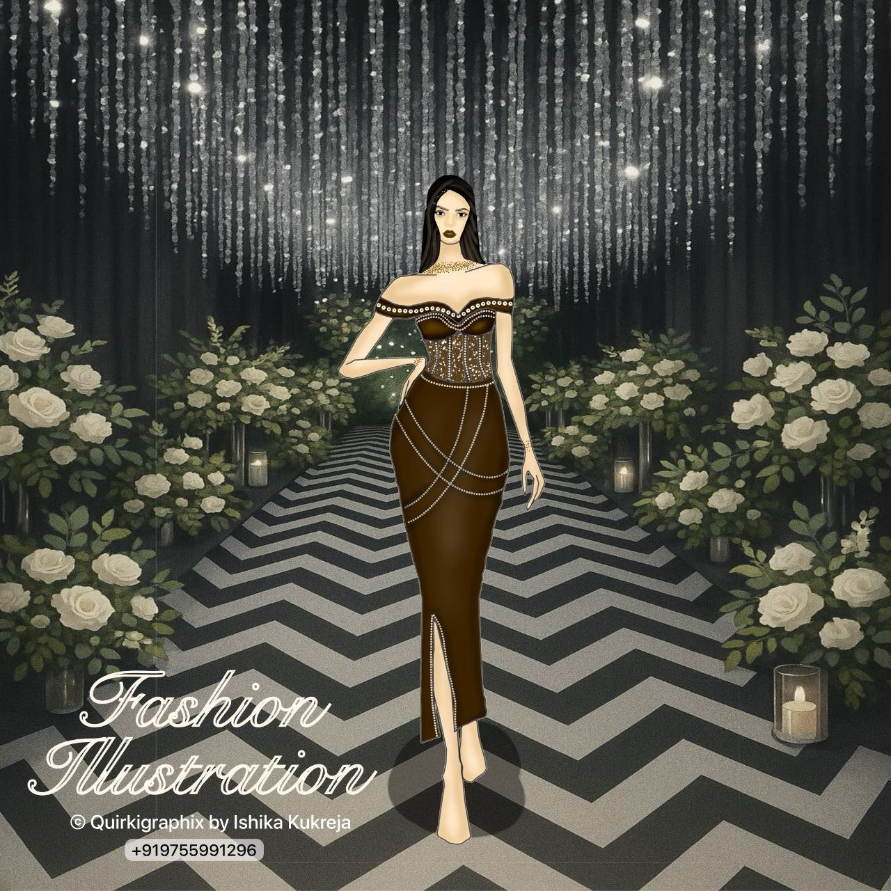 Luxury Fashion Illustration custom digital artwork created in Procreate with detailed fashion styling, textures, embellishments, and editorial background.