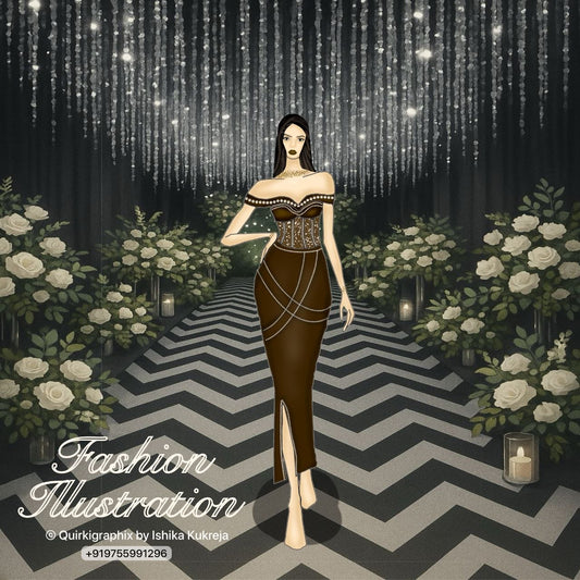 Luxury Fashion Illustration custom digital artwork created in Procreate with detailed fashion styling, textures, embellishments, and editorial background.