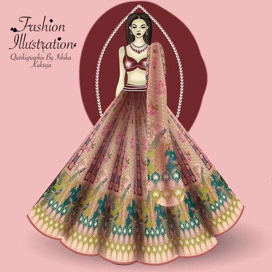 A royal peacock bridal fashion design that depicts an Indian bridal lehenga consisting of floral patterns. The lehenga is complemented with an elegant piece of jewelry and customized digital art work.
