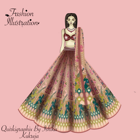 Peacock Royale custom bridal fashion illustration featuring a detailed bridal lehenga with peacock-inspired patterns and vibrant colors.