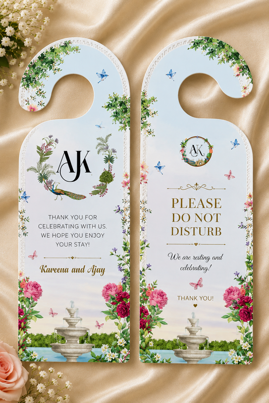 Personalized wedding door hanger featuring a floral design, custom wedding monogram, and "Please Do Not Disturb" sign for destination wedding hotel rooms.