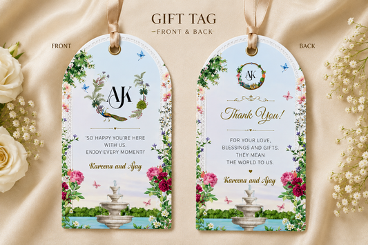 Personalized wedding gift tags with floral design, custom wedding monogram, thank-you message, and double-sided luxury wedding favor tag design.