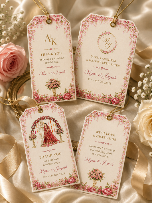Personalized wedding gift tags featuring floral artwork, custom couple names, wedding monogram, thank you message, and elegant front and back designs for wedding favors.