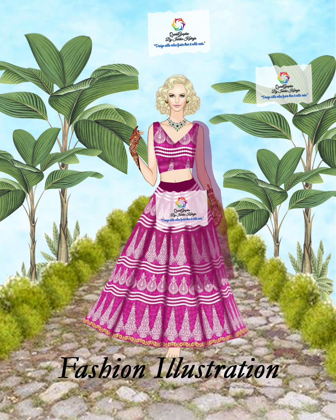 Custom Heritage Pink Lehenga Fashion Illustration | Premium Couture Artwork
