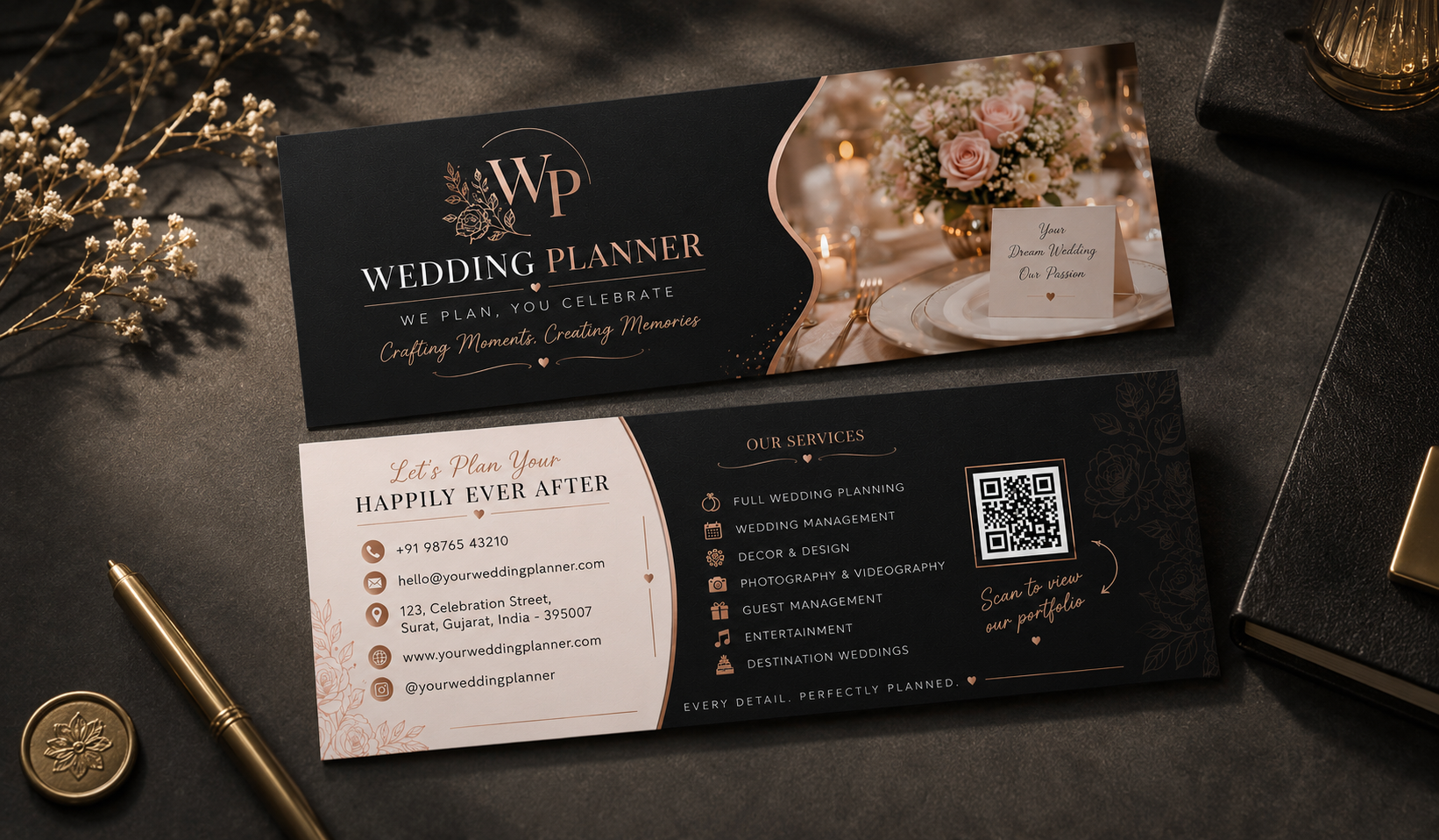 Luxury Wedding Planner Visiting Card Design | Elegant Business Card Template

Create a memorable first impression with our Luxury Wedding Planner Visiting Card Design — designed for professionals who want a classy and premium brand identity.

Perfect for: Wedding Planners
Event Organizers
Bridal Services
Decor & Styling Businesses
Photographers & Videographers
Luxury Service Brands
✨ Features:
Front & Back Visiting Card Design
Elegant Black & Rose Gold Theme
QR Code Integration
Fully Customizable
High Resol