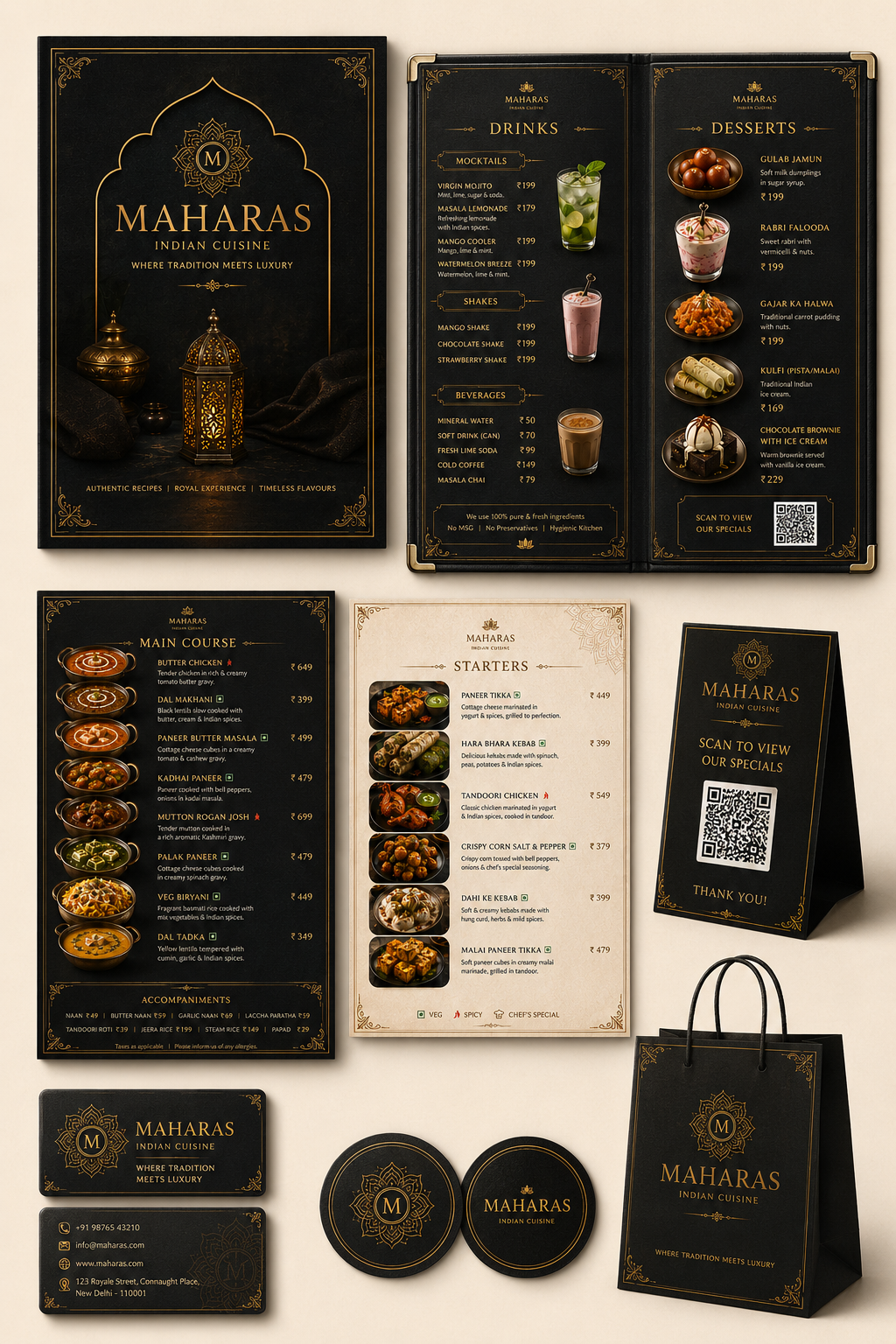 Luxury Restaurant Menu Design Collection | Premium Food Menu Branding Kit

Create a powerful first impression with our Luxury Restaurant Menu Design Collection — a premium branding solution designed especially for restaurants that want a sophisticated and high-end identity.
This collection features an elegant black & gold aesthetic with royal Indian-inspired detailing, making it perfect for:

Fine Dining Restaurants
Indian Cuisine Restaurants
Cafés & Lounges
Hotels & Resorts
Cloud Kitchens
Luxury Food Brand