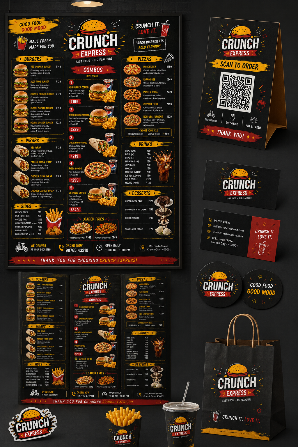 Fast Food Menu Design Collection | Burger Café Branding Kit | Restaurant Menu Package

Give your food brand a bold and professional identity with our Fast Food Menu Design Collection — specially designed for modern restaurants, burger joints, cafés, pizza brands, and takeaway businesses.

This energetic black, red & yellow theme creates a trendy fast-food vibe that attracts customers instantly while making your menu look premium and easy to read.

Perfect for:

Burger Cafés
Pizza Shops
Fast Food Restaurants