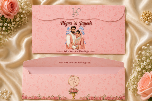 Personalized wedding money envelope with front and back floral design, custom couple caricature, and wedding monogram for shagun and cash gifts.