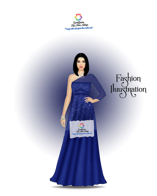 Midnight Blue One-Shoulder Gown Fashion Illustration