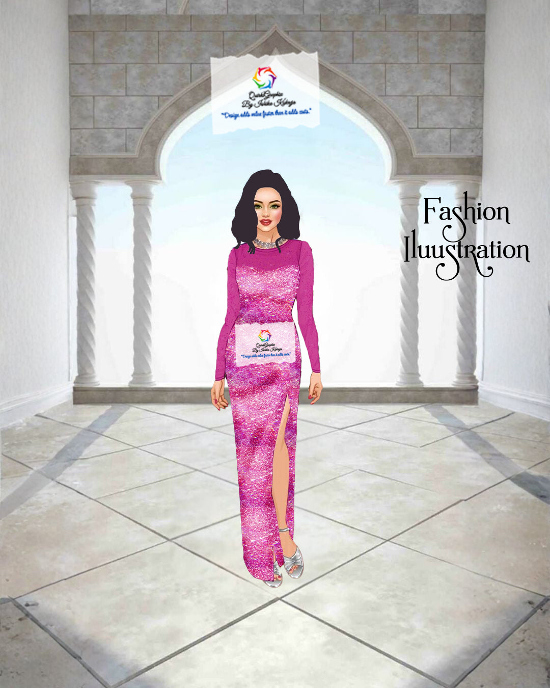 Sparkling Pink Evening Gown Fashion Illustration