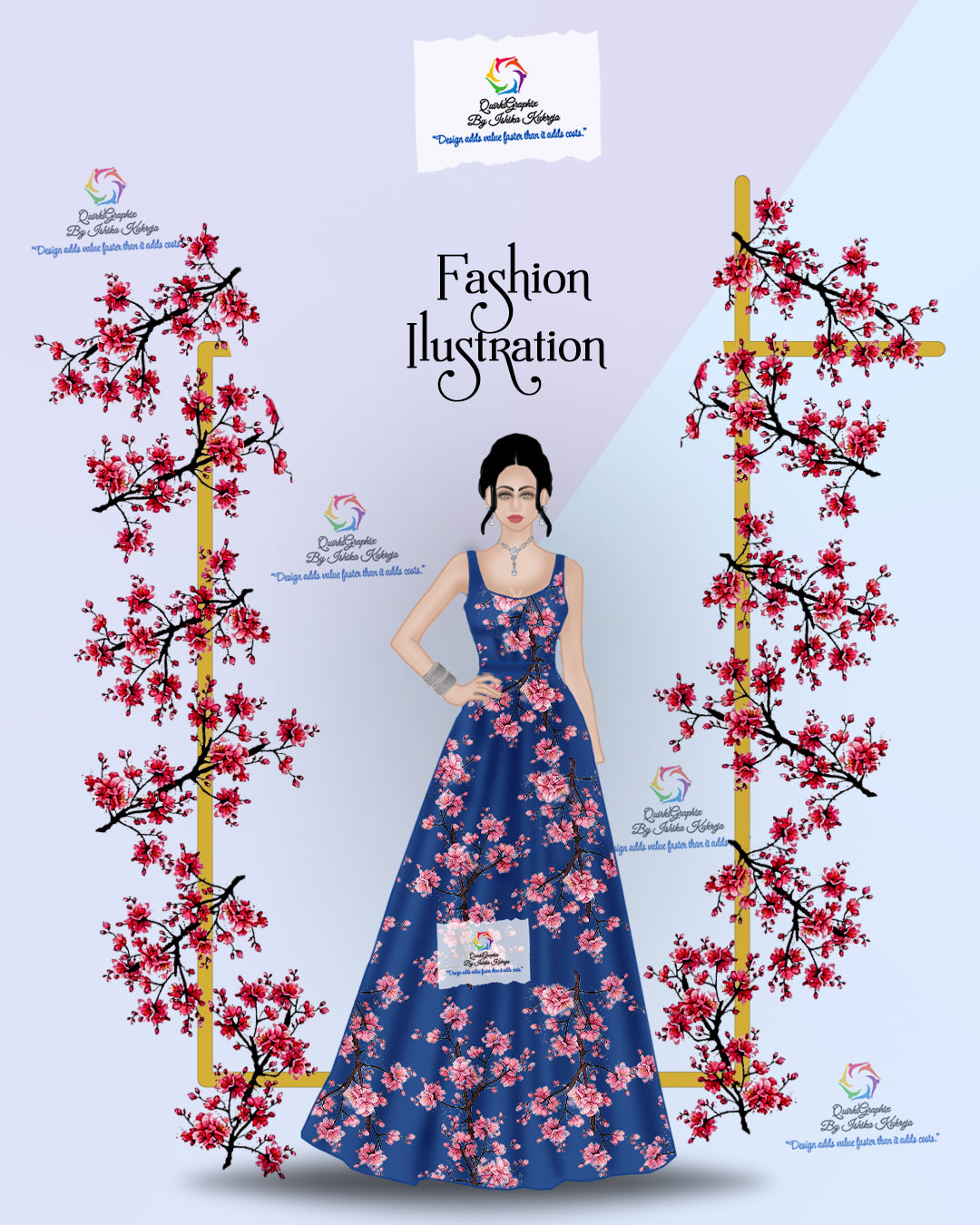 Cherry Blossom Evening Gown Fashion Illustration