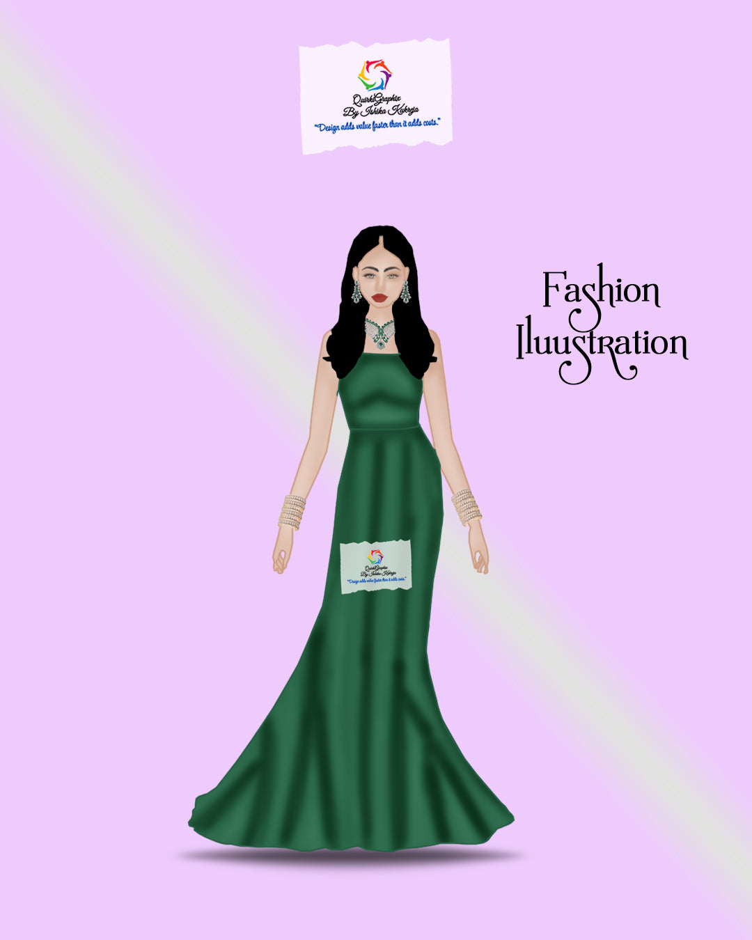 Emerald Elegance Evening Gown Fashion Illustration