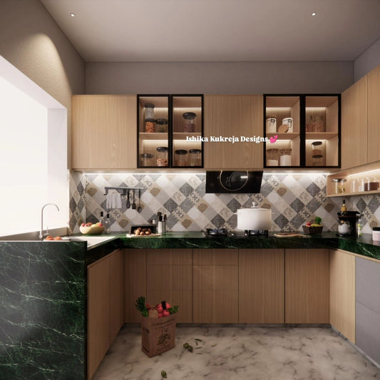 Contemporary luxury U-shaped modular kitchen design that highlights the use of green marble countertops, glass cupboards and LED lights.