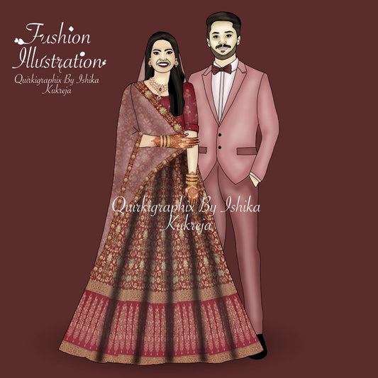 Celebrate your special day with a Custom Indian Wedding Couple Fashion Illustration featuring detailed bridal lehenga, groom suit, and personalized digital artwork by Quirkigraphix By Ishika Kukreja.