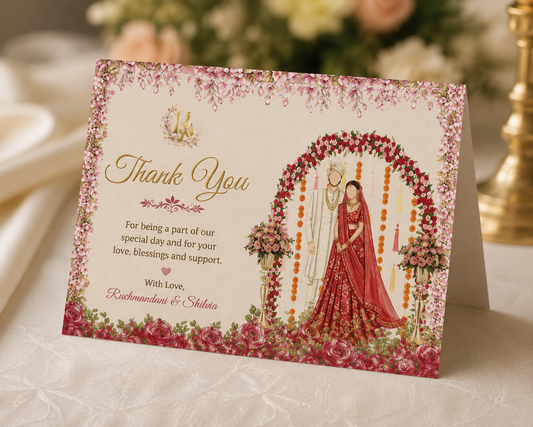 Luxury illustrated wedding thank you card featuring a custom couple illustration and elegant floral wedding design.